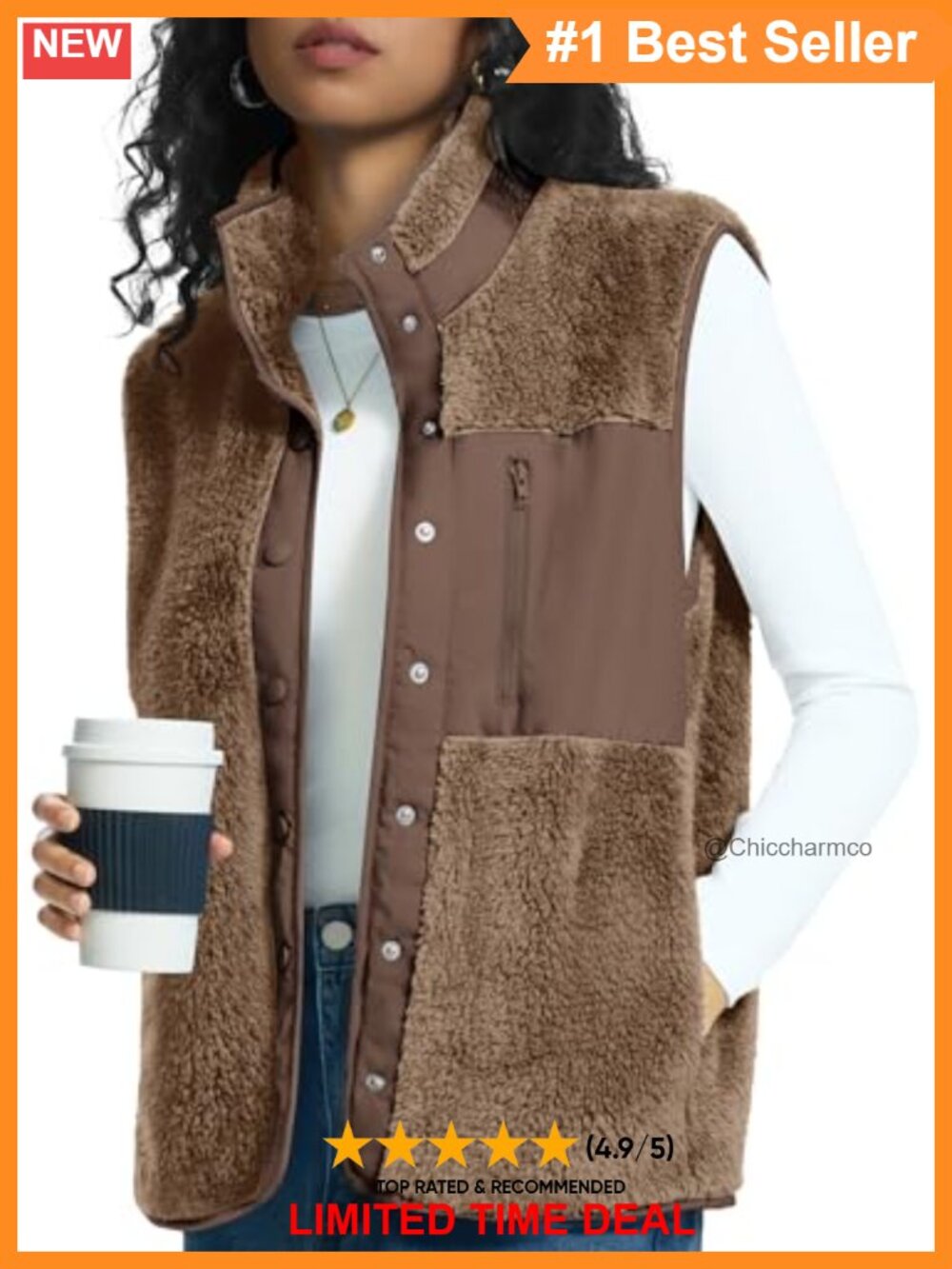 Fleece Vest Snap Button Sherpa Fuzzy Sleeveless Jacket